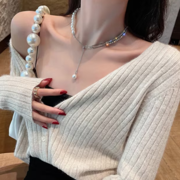 Choker Femei, CRM, Strass și Perle, Argintiu [2]