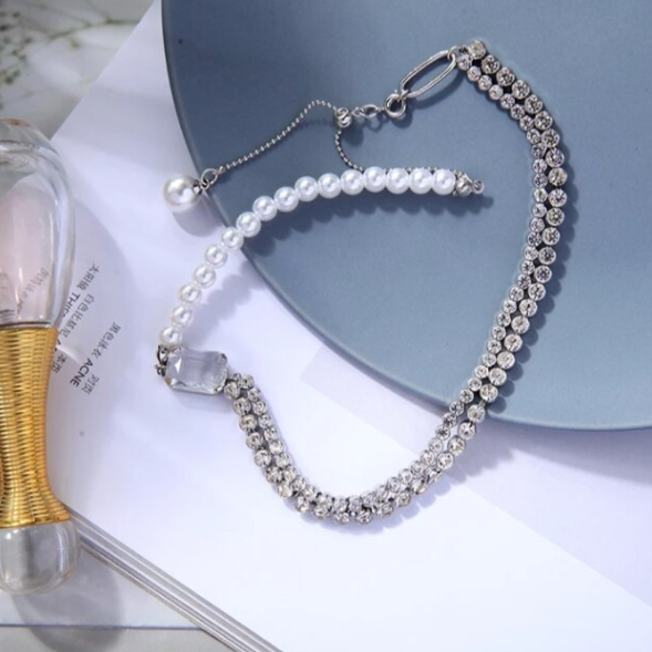 Choker Femei, CRM, Strass și Perle, Argintiu [4]
