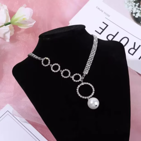 Choker pentru Femei, CRM, cu Strass și Perlă Albă [4]