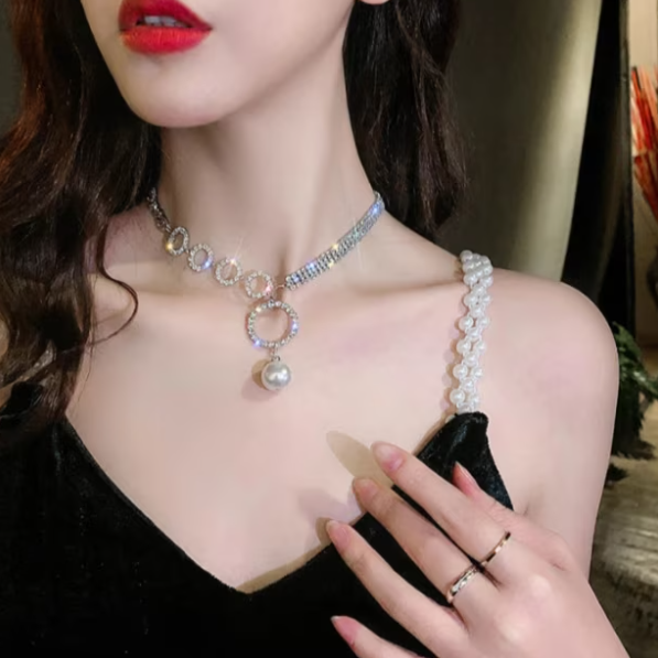 Choker pentru Femei, CRM, cu Strass și Perlă Albă [5]
