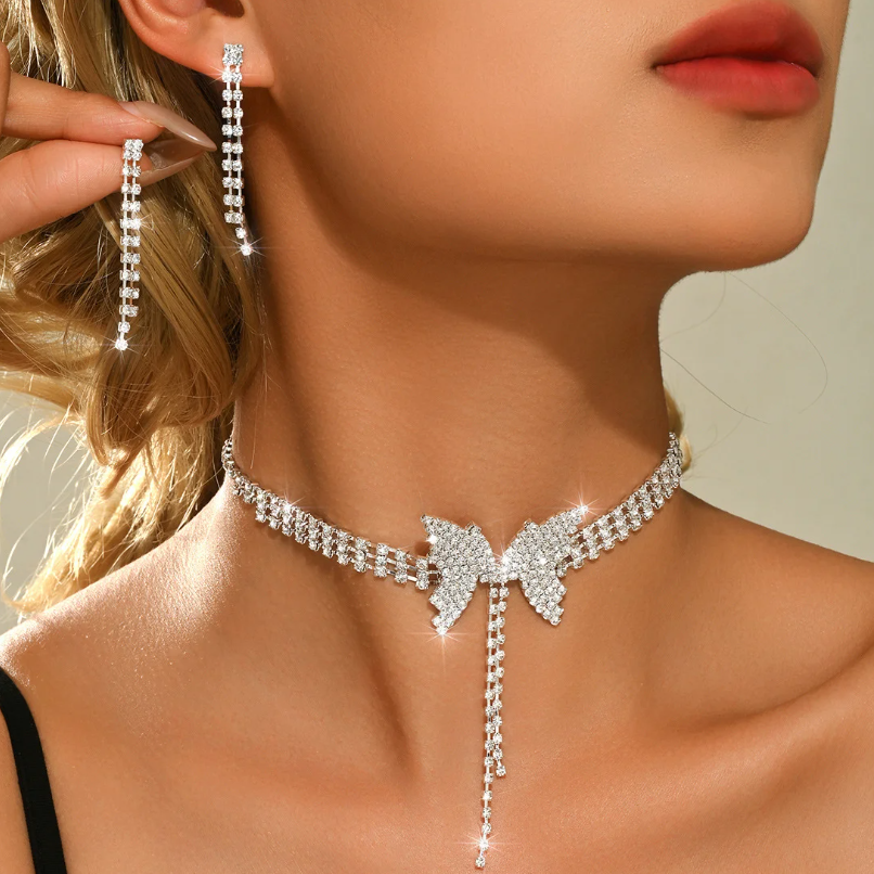 Cercei si Colier choker elegant cu fluturi si strasuri stralucitoare, CRM, argintiu [2]