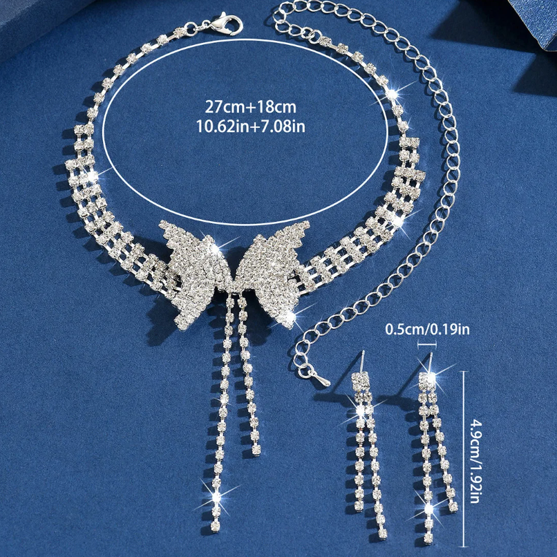 Cercei si Colier choker elegant cu fluturi si strasuri stralucitoare, CRM, argintiu [3]