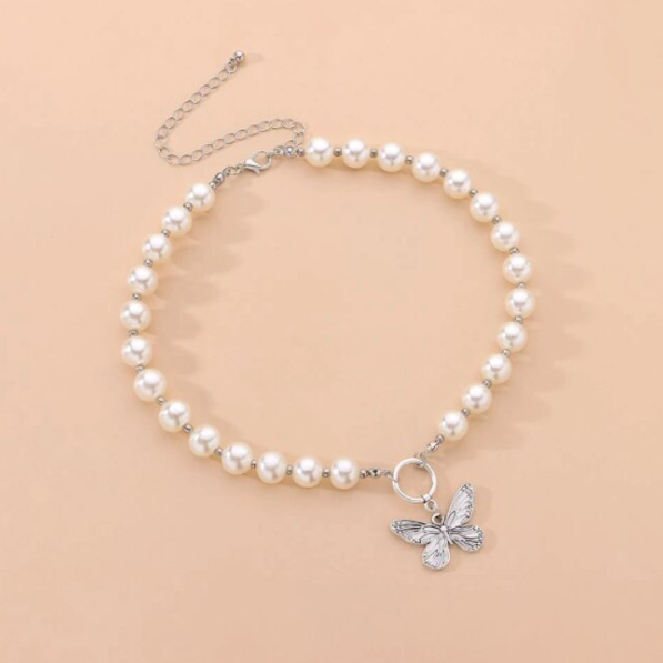 Colier choker elegant cu perle si pandantiv fluture pentru dama, CRM, argintiu [3]