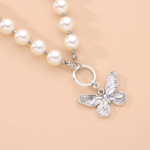 Colier choker elegant cu perle si pandantiv fluture pentru dama, CRM, argintiu [4]