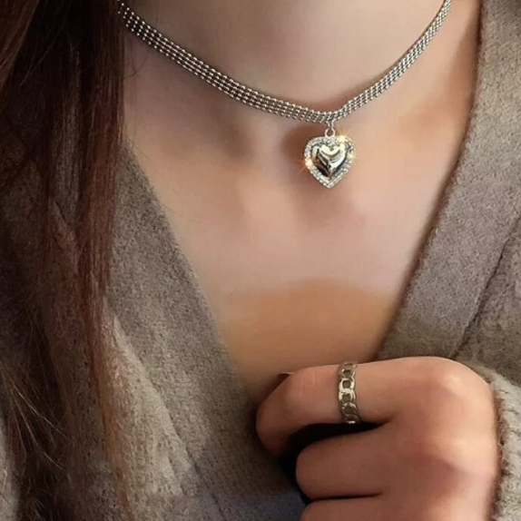 Colier Choker Sweet, CRM, Argintiu cu Pandantiv Inimă, 33 cm [5]