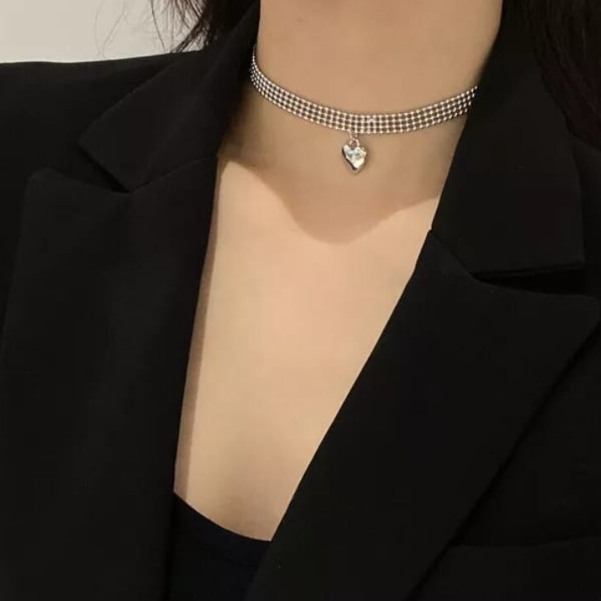 Colier Choker Sweet, CRM, Argintiu cu Pandantiv Inimă, 33 cm [2]