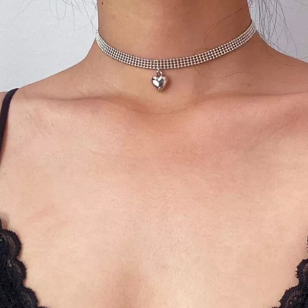 Colier Choker Sweet, CRM, Argintiu cu Pandantiv Inimă, 33 cm [3]