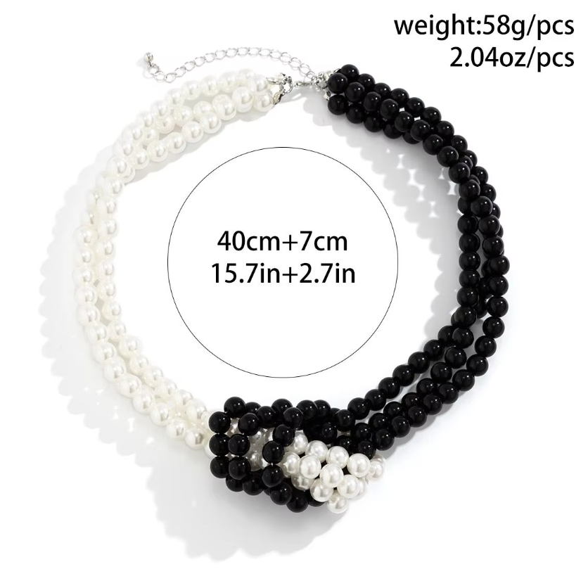 Colier choker triplu cu șiraguri de perle, CRM, accesoriu elegant, alb-negru [3]