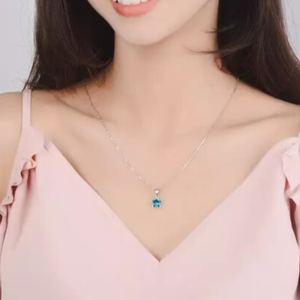 Colier cu Pandantiv Stea si Cristal Albastru, CRM, Lant Argintiu, Elegant, Dama [3]