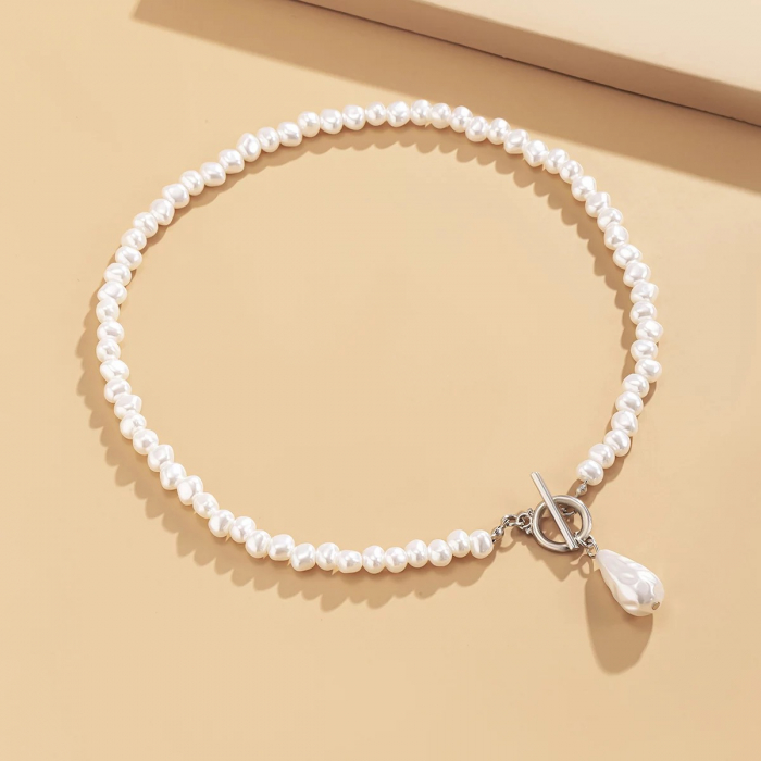 Colier cu perle pentru femei, ADM, Teardrop Pearl, alb-argintiu [3]