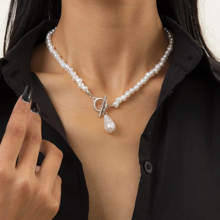 Colier cu perle pentru femei, ADM, Teardrop Pearl, alb-argintiu [5]