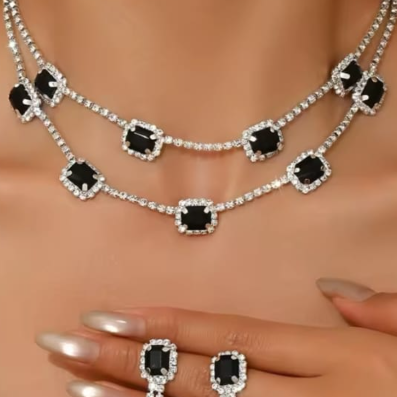 Colier Dama cu Cristale Negre, CRM, Model Elegant cu Lant Dublu, Argintiu [2]