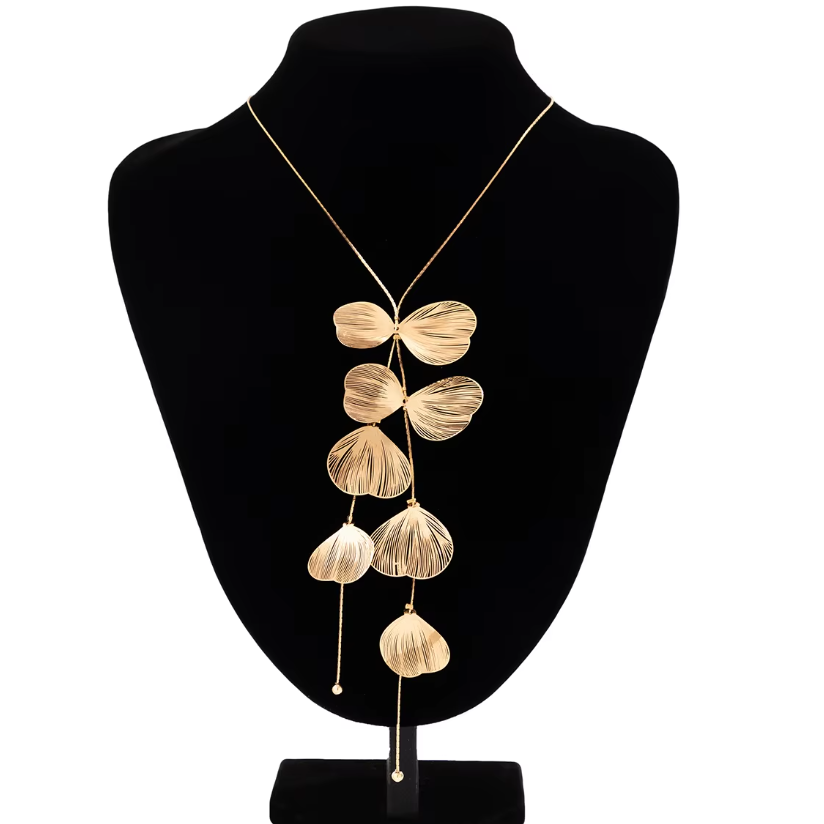 Colier damă floral/elegant, CRM, model tip frunza/fluture, bijuterie fashion pentru ocazii speciale, lunga/aurie [7]