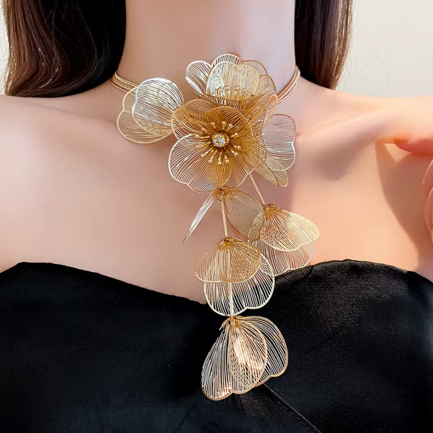 Colier deLux Floral, CRM, Choker Statement cu Franjuri Elegante pentru Femei, Auriu [3]