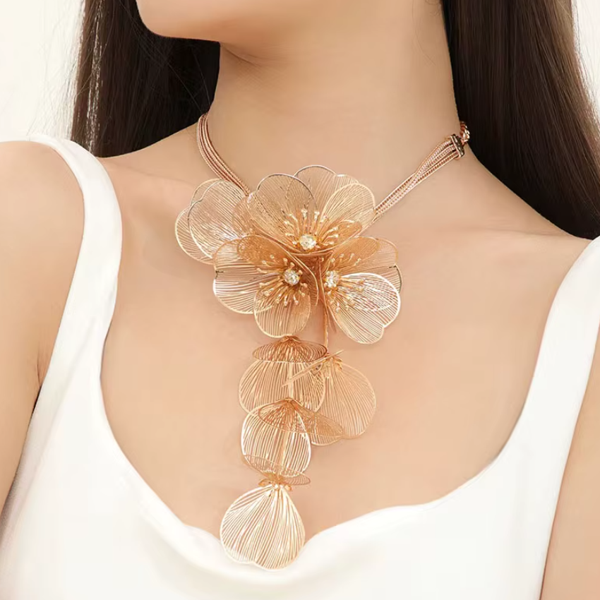 Colier deLux Floral, CRM, Choker Statement cu Franjuri Elegante pentru Femei, Auriu [5]