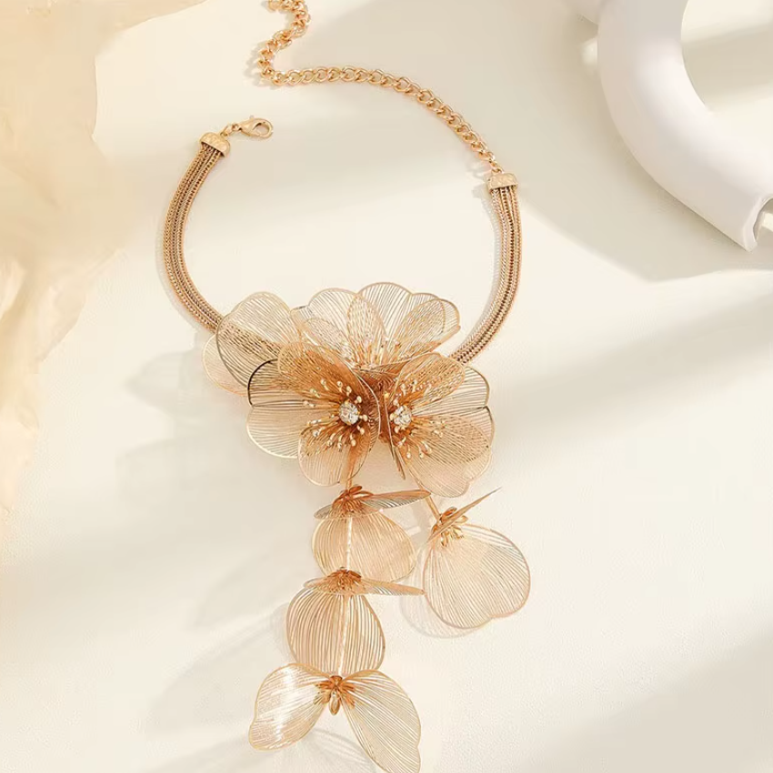 Colier deLux Floral, CRM, Choker Statement cu Franjuri Elegante pentru Femei, Auriu [4]