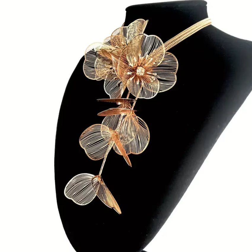 Colier deLux Floral, CRM, Choker Statement cu Franjuri Elegante pentru Femei, Auriu [6]
