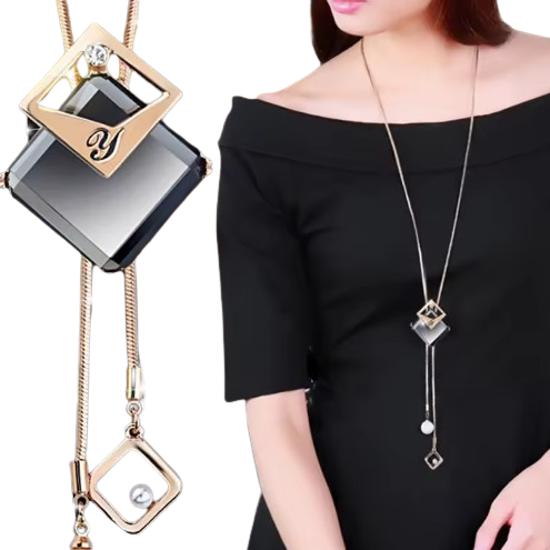 Colier Elegant Damă, CRM, Lanț Auriu cu Pandantiv Pătrat Gri, Lungime 75 cm [6]