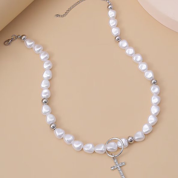 Colier Hip Hop cu Cruciulita, CRM, Alb-Argintiu [5]