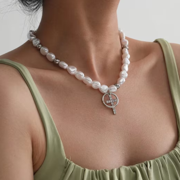 Colier Hip Hop cu Cruciulita, CRM, Alb-Argintiu [4]