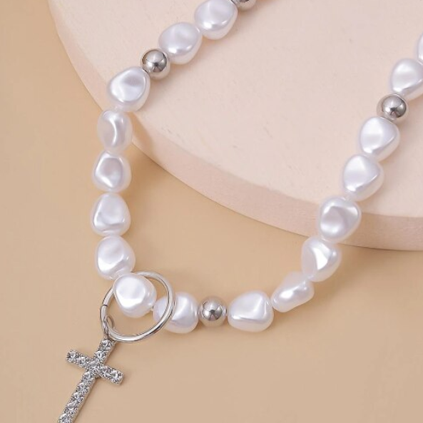 Colier Hip Hop cu Cruciulita, CRM, Alb-Argintiu [3]