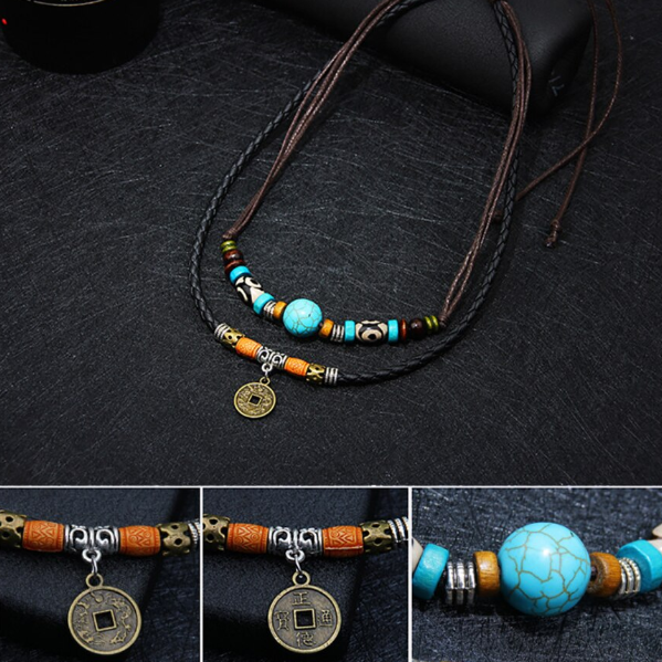 Colier Retro din piele, 2 Layers, CRM, pentru Fete si Baieti, multicolor [3]