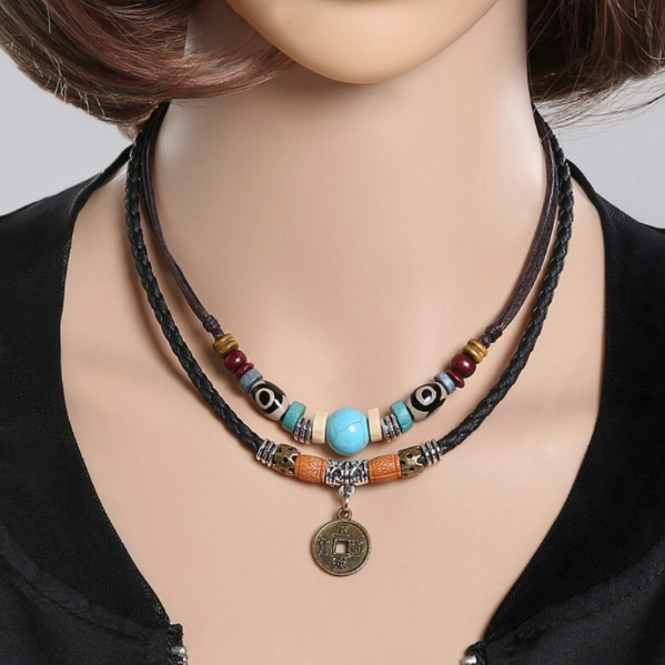 Colier Retro din piele, 2 Layers, CRM, pentru Fete si Baieti, multicolor [4]
