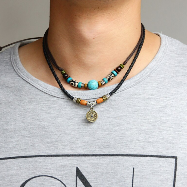Colier Retro din piele, 2 Layers, CRM, pentru Fete si Baieti, multicolor [5]