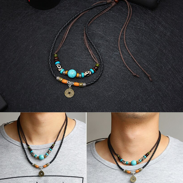 Colier Retro din piele, 2 Layers, CRM, pentru Fete si Baieti, multicolor [2]