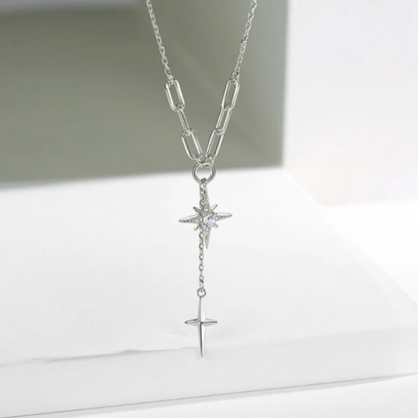 Colier Star pentru dama, CRM, Casual, cu cruciulita, argintiu, 40+3 cm [4]