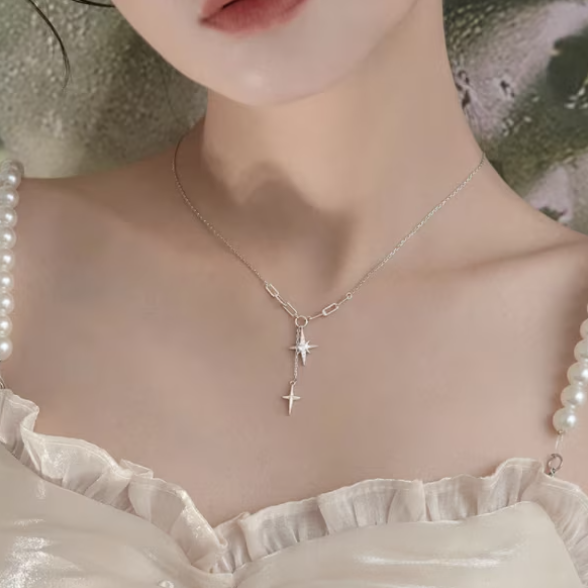 Colier Star pentru dama, CRM, Casual, cu cruciulita, argintiu, 40+3 cm [2]