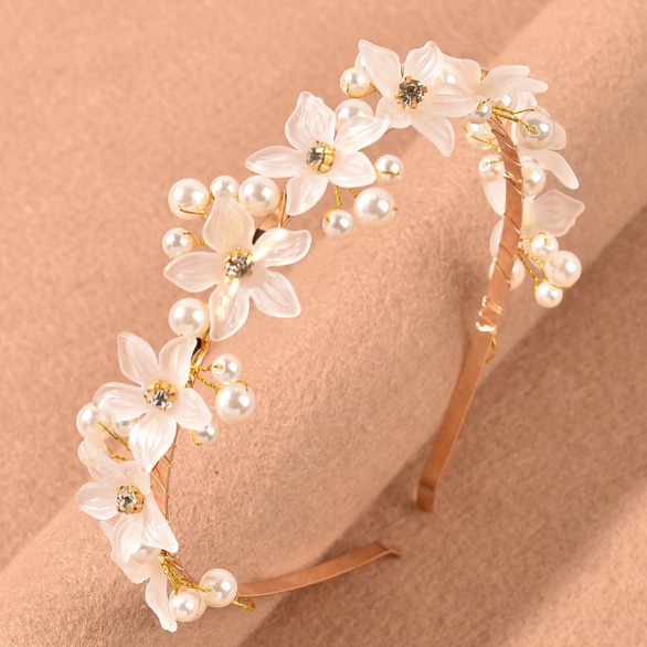 Coroniță Elegantă pentru Păr cu Flori Decorative, CRM, Alb/Auriu [2]