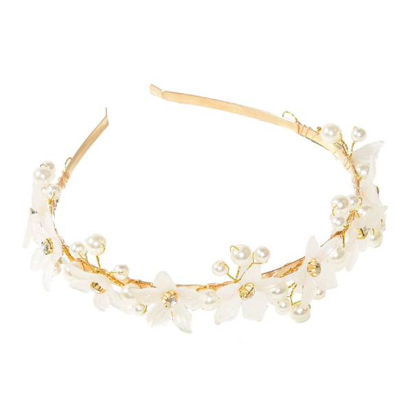 Coroniță Elegantă pentru Păr cu Flori Decorative, CRM, Alb/Auriu [4]