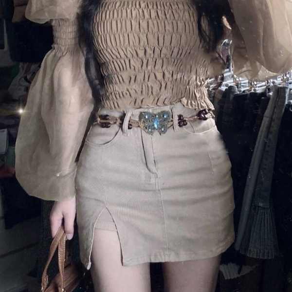 Curea eleganta impletita, CRM, cu decoratiune model fluture, bile lemn, maro [6]