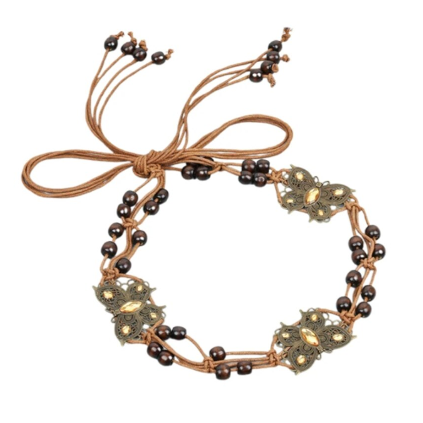 Curea eleganta impletita, CRM, cu decoratiune model fluture, bile lemn, maro [5]