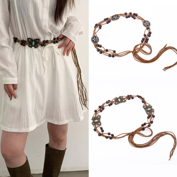 Curea eleganta impletita, CRM, cu decoratiune model fluture, bile lemn, maro [3]