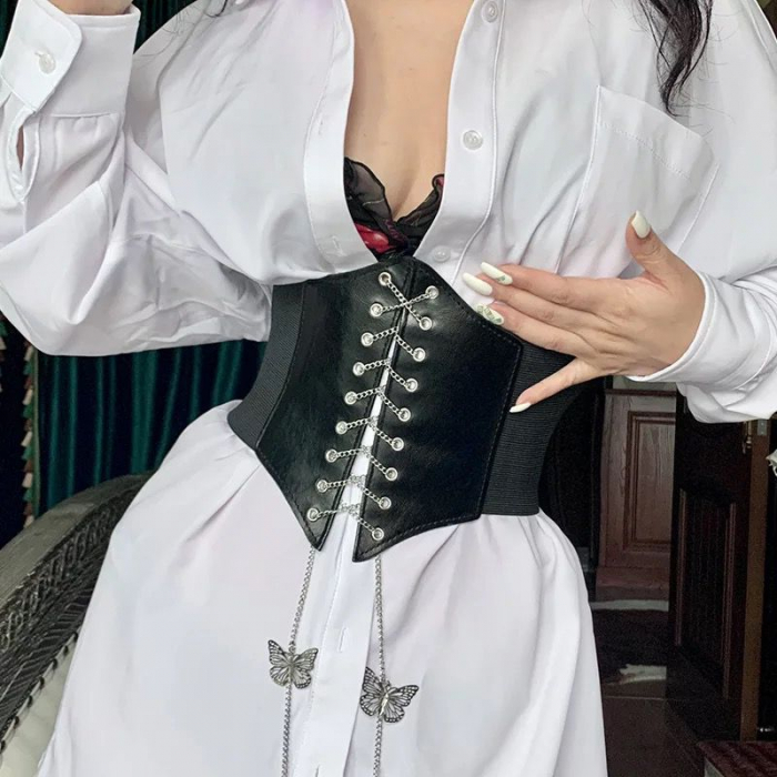 Curea lata pentru femei tip corset, piele ecologica, cu accesorii argintii [2]