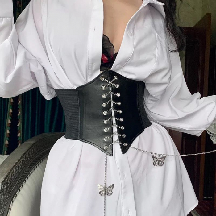Curea lata pentru femei tip corset, piele ecologica, cu accesorii argintii [8]