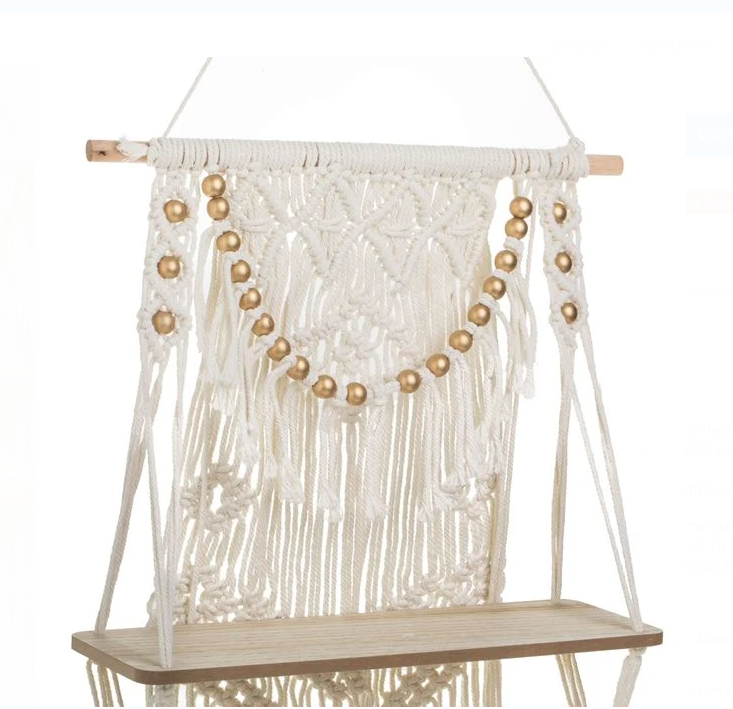 Decoratiune Suspendabila EVNC - Raft Dublu din Lemn cu Model Macrame, 41x13x82cm [3]