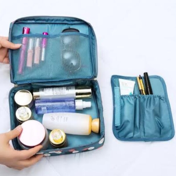 Geanta pentru accesorii si cosmetice, CRM, albastru cu flori [3]
