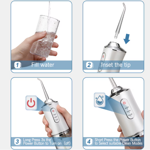 Irigator Oral/Dental, 3 Programe de Presiune, 4 Vârfuri Incluse, USB/IPX7, CRM, 220 ml, Portabil, Alb [4]