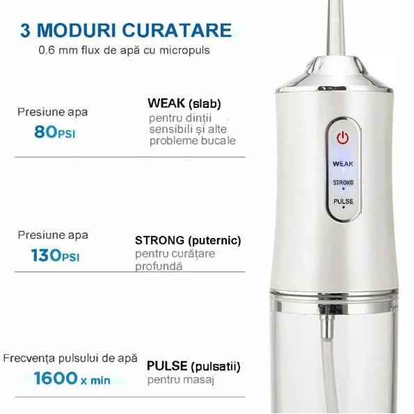 Irigator Oral/Dental, 3 Programe de Presiune, 4 Vârfuri Incluse, USB/IPX7, CRM, 220 ml, Portabil, Alb [7]