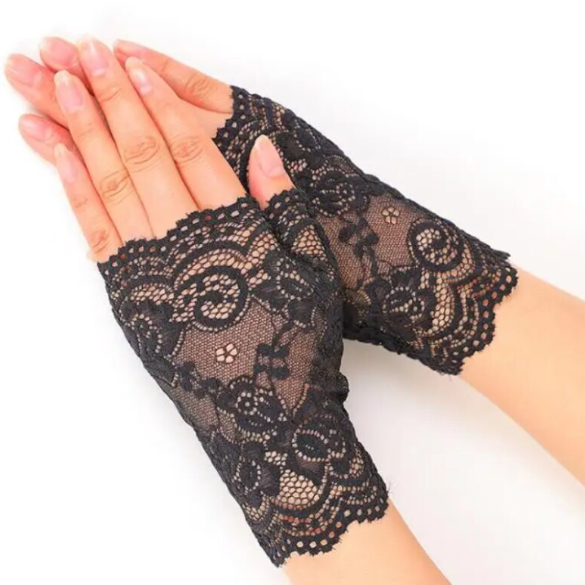 Set 2 Mănuși Elegante fără Degete, CRM, din Dantelă Fină cu Broderie Florală,  Accesoriu Ocazie, Negru [5]