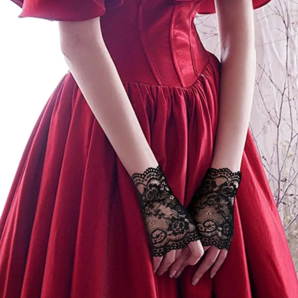Set 2 Mănuși Elegante fără Degete, CRM, din Dantelă Fină cu Broderie Florală,  Accesoriu Ocazie, Negru [4]