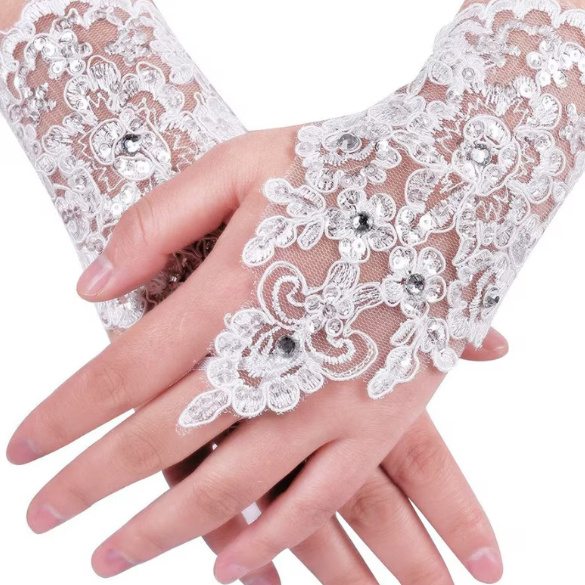 Mănuși Elegante Damă, CRM, din Dantelă cu Broderie Florală și Șiret Reglabil, Accesoriu de Ocazie, Alb [4]