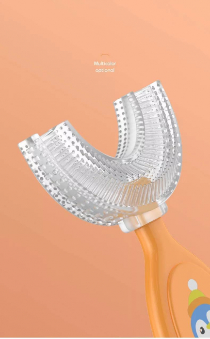 Periuta de dinti pentru copii, ADM, Penguin, forma circulara, din silicon, 2-6 ani, portocalie [4]