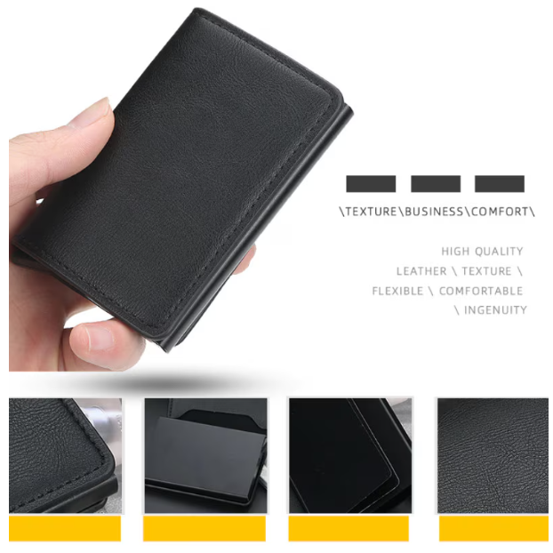 Portofel Slim din Piele cu Portcard din Aluminiu, CRM, Protecție RFID, Negru [4]