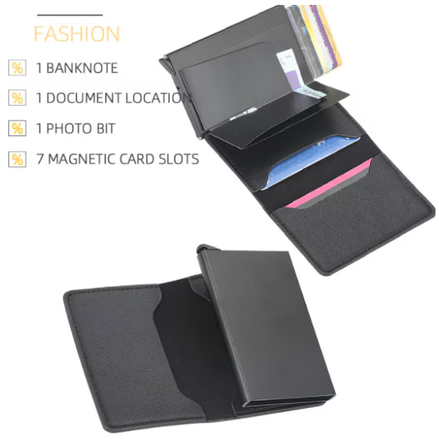 Portofel Slim din Piele cu Portcard din Aluminiu, CRM, Protecție RFID, Negru [6]