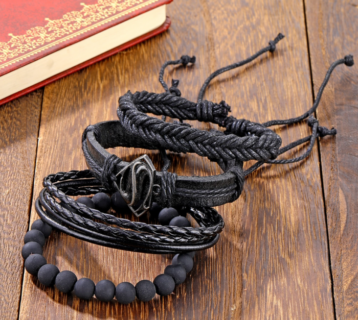 Set 4 bratari din piele ecologica, obsidian si aliaj metalic, GMO, Vintage Black Superman, ajustabile [3]