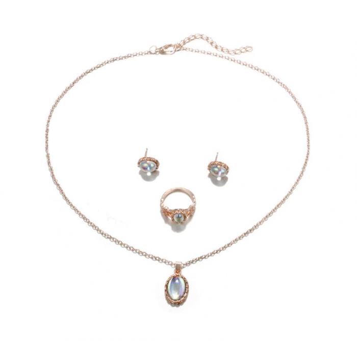 Set bijuterii din aliaj metalic pentru femei, lantic, inel si cercei, GMO, Opal Gem, 11 gr [2]
